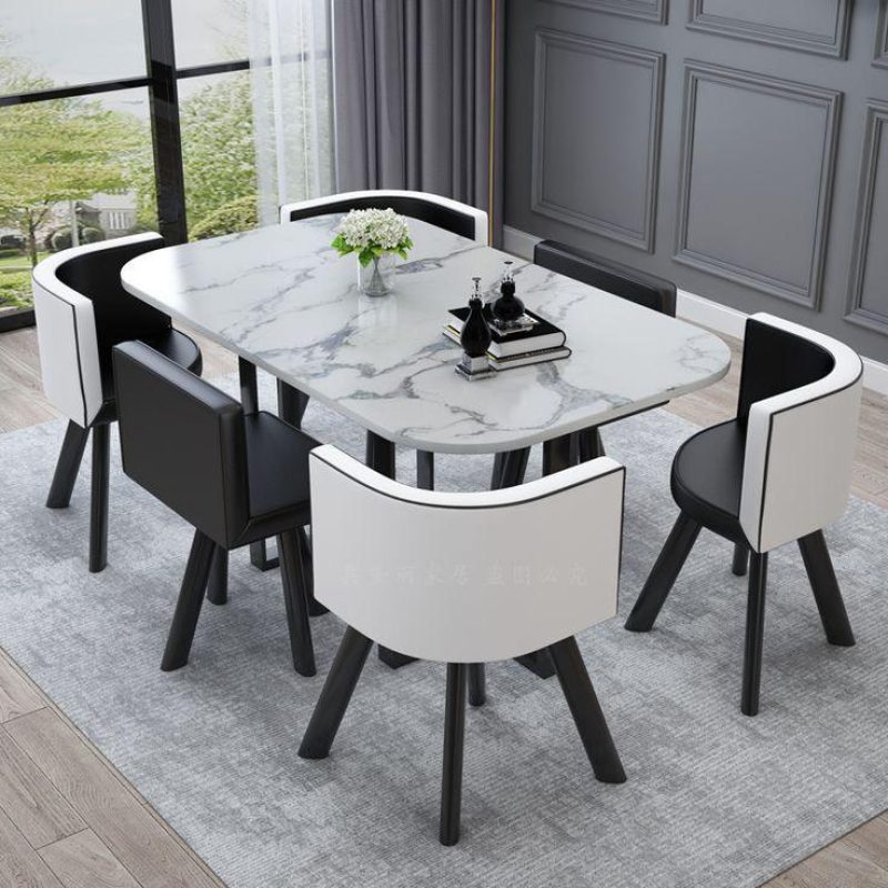 Curved White And Black 6-Seater Dining With A Marble Table