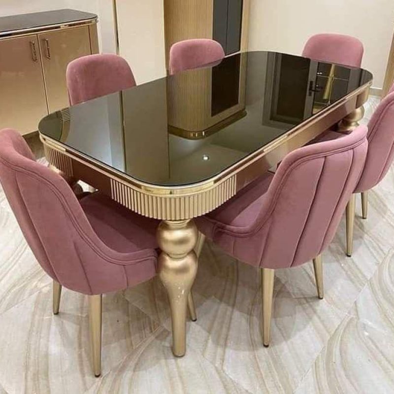 Dark Pink Color 6-Seater Executive Dining With a Glossy Top