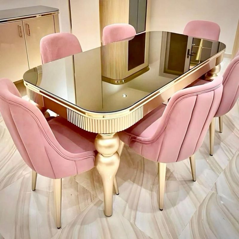 Pink Color 6-Seater Executive Dining With a Glossy Top