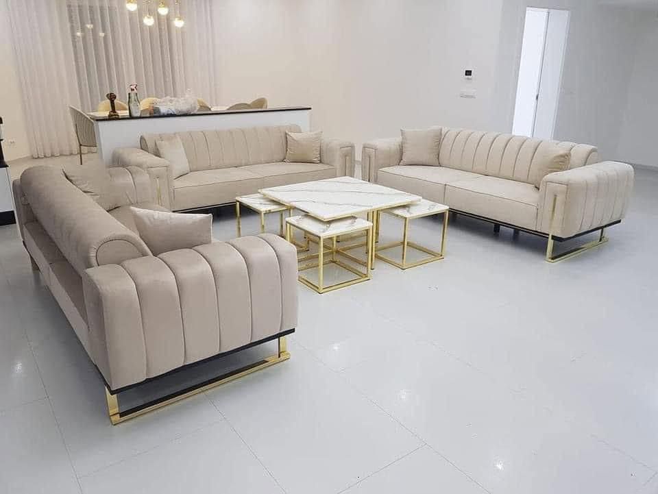 3-2-2 Off-White With Marble Top Center Table And 4 Marble Top Side Stools