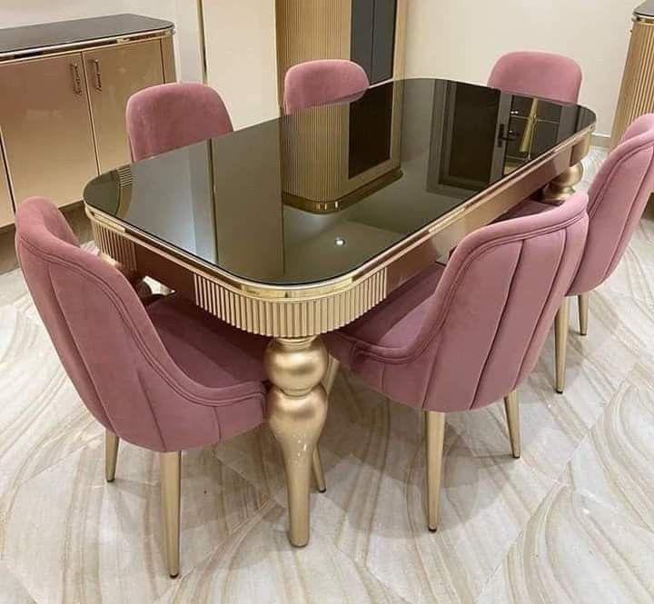 Dark Pink Color 6-Seater Executive Dining With a Glossy Top