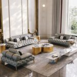 Lowered settees with center table and two stools 